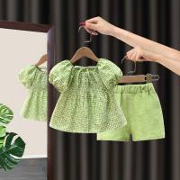 New summer girls floral princess suit infant short-sleeved pastoral style two-piece suit  Green
