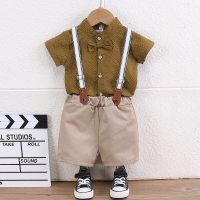 Novo estilo meninos verão terno de manga curta denim macacão de bebê terno de duas peças das crianças  Castanho