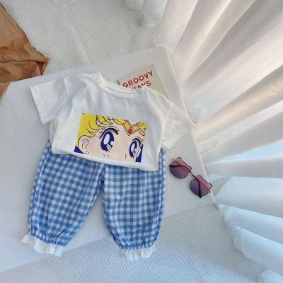 Girls Suit 2024 Summer New Cartoon Two-piece Set Western Style Beautiful Girl T-Shirt Children's Plaid Lace Pants Trendy
