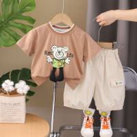 Xiao Bayong children's clothing 2024 summer new short-sleeved shorts two-piece suit boy cartoon bear casual summer suit  Coffee