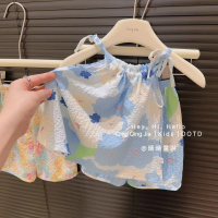 Summer new style smudged oil painting style suspender suit for girls, fashionable floral vest and skirt pants, internet celebrity baby two-piece set  Light Blue