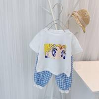 Girls Suit 2024 Summer New Cartoon Two-piece Set Western Style Beautiful Girl T-Shirt Children's Plaid Lace Pants Trendy  Blue