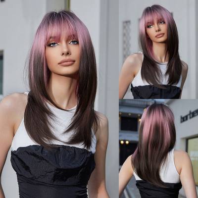 New full head cover cosplay punk style pink gradient dark brown cosplay bangs long straight hair wig
