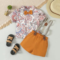 Children's suit boy summer short-sleeved printed shirt overalls bow tie children's clothing dress  Yellow