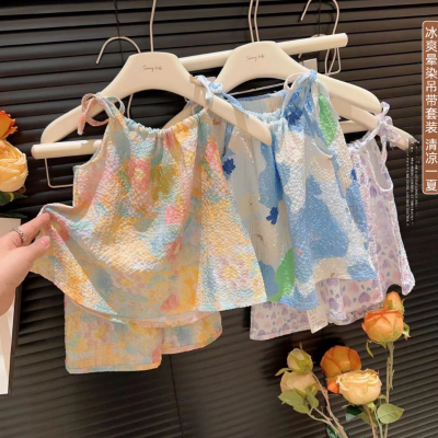 Summer new style smudged oil painting style suspender suit for girls, fashionable floral vest and skirt pants, internet celebrity baby two-piece set
