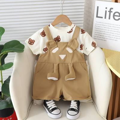 Summer new model for boys and girls, three-dimensional bear bib shorts suit, trendy summer style short-sleeved suit