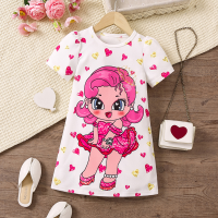 Children's clothing children's dress new style girls cartoon full print round neck short sleeve children's dress  Pink