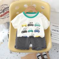 Baby cartoon cute print round neck T-shirt children's clothing boys new casual short-sleeved shorts two-piece set wholesale  Multicolor