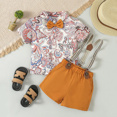 Costume d'été pour enfants, chemise imprimée à manches courtes, salopette avec nœud papillon, vêtements pour enfants