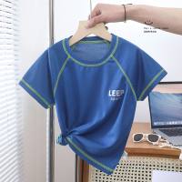 T-shirt sportive estive a maniche corte per bambini, top in rete ad asciugatura rapida per ragazzi, camicie elastiche e traspiranti per ragazze  Blu