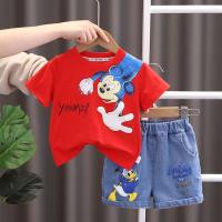 2023 children's clothing summer boys short-sleeved striped bear t-shirt Korean style trendy Japanese children's clothing  Red