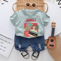 Infant and baby children's clothing wholesale 2024 summer new short-sleeved suit boys cartoon printed casual T-shirt  Green