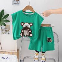 Boys summer suit new style children's cool vest sleeveless two-piece baby color matching short-sleeved suit  Green