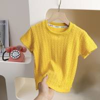 Camiseta infantil de verão com gola redonda, camiseta de malha para meninas, cor sólida, respirável, oca, estilo estrangeiro, tops casuais, estilo fino  Amarelo