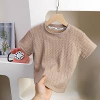Summer children's round fashionable collar knitted T-shirt girls solid color breathable hollow western style top casual thin style  Coffee