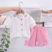 Summer Korean style girls doll collar cartoon short-sleeved shirt top solid color shorts two-piece set  White