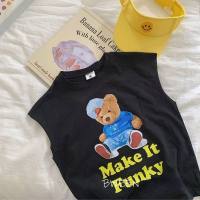 Camiseta de algodón puro para niños y niñas, chaleco de cuello redondo, top de media manga con dibujos animados, novedad de verano  Negro