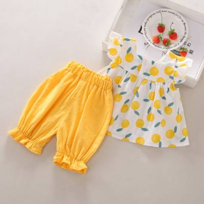 Costume deux pièces décontracté pour bébé fille, à la mode, nouveau style d'été, imprimé complet de fruits, col carré, manches courtes
