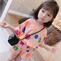Summer thin short-sleeved children's suit home clothes boys and girls air-conditioned clothes printed casual sports pants suit  Pink