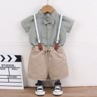 Boys summer short-sleeved suit 2024 new baby handsome and stylish denim baby suspenders children's two-piece set  Gray