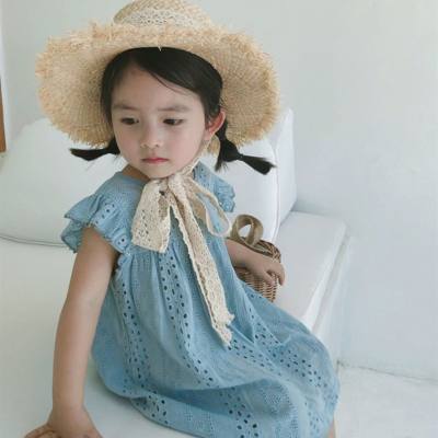 Girls skirt flying sleeves lace dress princess skirt 2024 summer new style cotton lace fabric