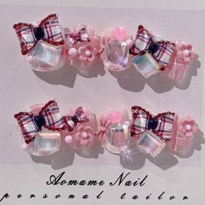 Hand-made plaid bow three-dimensional net red high-gloss cute short nail art finished patch
