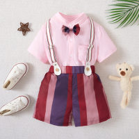 Blumenjungen-Sommerkleidung hübscher Kinder-Kurzarm-Overall Gentleman-Anzug Baby einjähriges Performance-Kleid im britischen Stil  Rosa