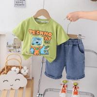 Children 1-5 years old boys cartoon printed short-sleeved children's T-shirt children's clothing boys summer clothing new suit two-piece set wholesale  Light Green