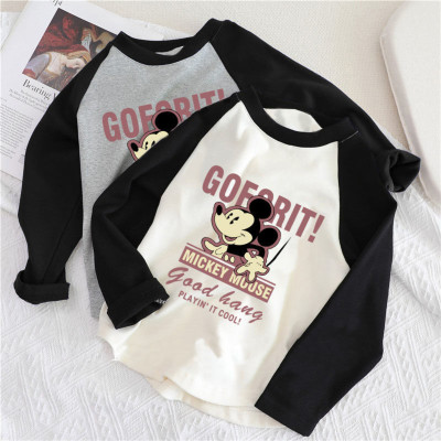 Camiseta infantil de manga comprida casual de algodão Mickey Mouse para meninos primavera