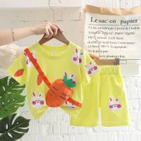 Girls cartoon round neck short-sleeved suit baby sports shorts two-piece trendy set  Yellow