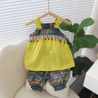 Huiai ملابس أطفال بنات بدلة صيفية 2023 نمط جديد طفلة أنيقة قطعتين النسخة الكورية ملابس أطفال صيفية  أصفر