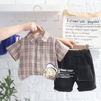 Children's summer thin shirt children's suit boy's new lapel plaid shirt short-sleeved two-piece set manufacturer wholesale  Khaki