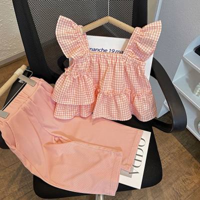 2024 coreano novo estilo menina terno verão roupas infantis elegante sem mangas gola quadrada camisa do bebê calças de duas peças terno