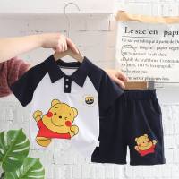 Summer short-sleeved children's suits summer boys and girls children's infants and young children cartoon lapel bear short-sleeved shorts  Black