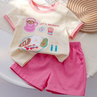 Girls summer suits sweet and cute print contrast color short-sleeved T-shirt baby solid color casual shorts two-piece suit trendy