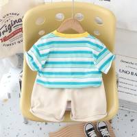 Children aged 0-5 years old, summer wear, thin short-sleeved T-shirt, children's clothing, boy's suit, children's overalls, casual shorts, two-piece set, trendy  Blue