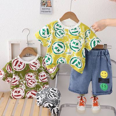 Children's clothing summer new boys short-sleeved denim shorts two-piece suit handsome cartoon smiley face suit