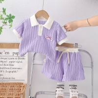 New summer suit for baby girls, two-piece vertical stripe placket shirt  Purple