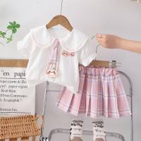 Girls College Style Tie Shirt 2024 Summer Doll Collar Short Sleeve Korean Style Plaid Skirt Short Sleeve Two Piece Set Wholesale  Pink