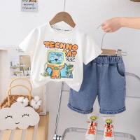 Children 1-5 years old boys cartoon printed short-sleeved children's T-shirt children's clothing boys summer clothing new suit two-piece set wholesale  White