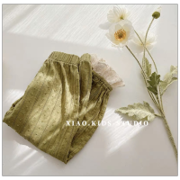 Storia di primavera ~ Pantaloni coreani antizanzare traspiranti in puro cotone verde floreale per ragazze, pantaloni larghi, vestiti estivi  verde