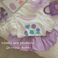Girls Summer Suit 2023 New Korean Style Western Style Baby Girl Purple Short T-bud Shorts Girls Two-piece Set  Purple