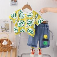 Children's clothing summer new boys short-sleeved denim shorts two-piece suit handsome cartoon smiley face suit  Yellow