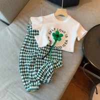Costumes pour filles, nouveau style d'été 2023, ensemble deux pièces T-shirt à manches courtes pour enfants à la mode, pantalon anti-moustique pour bébé fille, vêtements d'été  vert