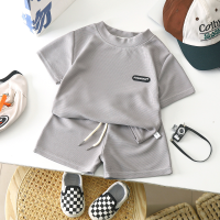 New style children's clothing summer children's leisure suit loose clothes boys short-sleeved waffle baby summer  Gray