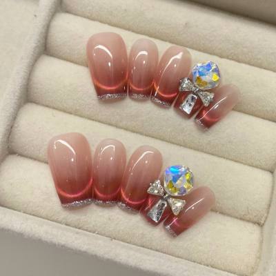 Short ladder-shaped pure hand-made wear-on nails cat eye blush nail art diamond light luxury false nail patches