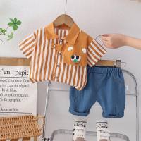Infantil e bebê bonito camiseta verão novo estilo camisa roupas infantis menino lapela listrado de manga curta camisa casual terno  laranja