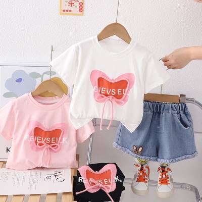 Girls summer short-sleeved suit baby 2024 new style denim short-sleeved thin children's suit handsome two-piece suit