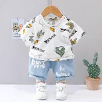 2023 Summer Short Sleeve Pants Suit Pullover Cartoon Full Print Casual Children's Boys Shirt Fashion Suit  White