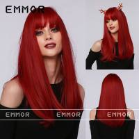 Red berry red white bangs medium-length straight hair high-temperature silk wig female headpiece  Style 2